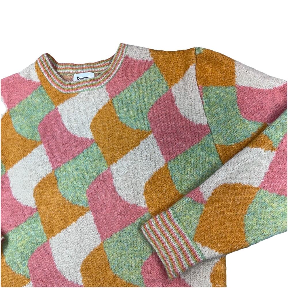 &merci Women Large Pastel Retro Sweater Pullover Geometric Knit Mod Checkered